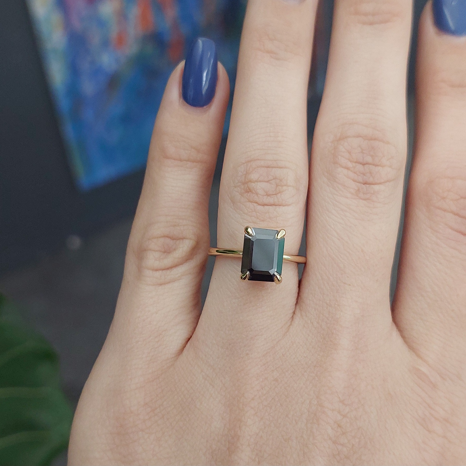 Black Opal Engagement Ring Set Emerald Diamond Wedding Ring